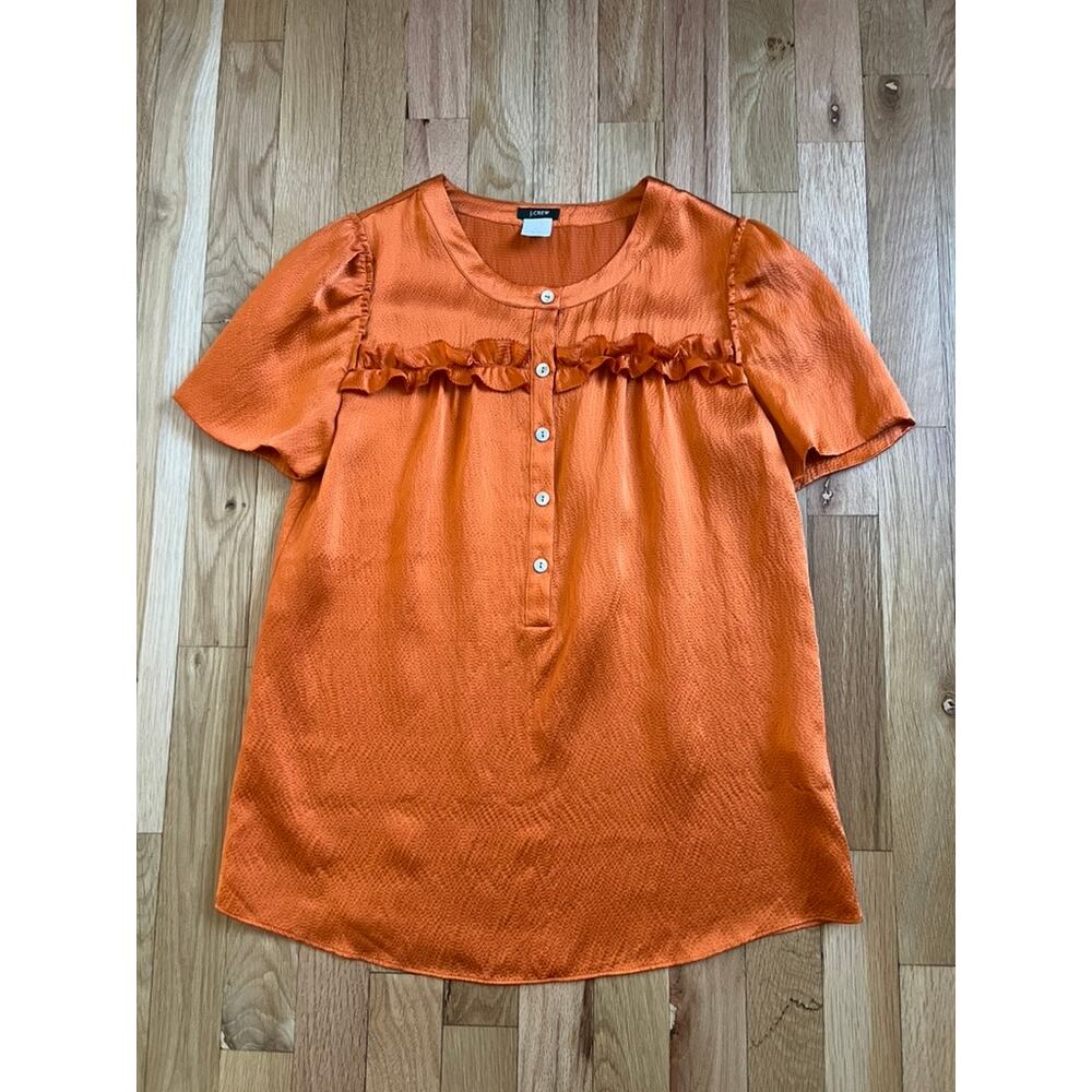 J. Crew Pumpkin Orange Shiny Silk Ruffle Blouse Puff Sleeve Woman Y2K (size 0)